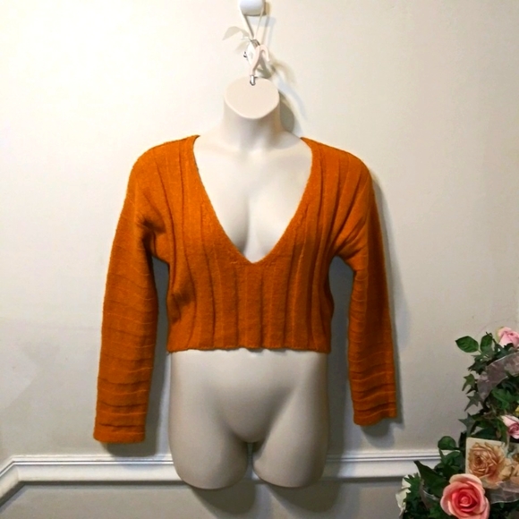 AKIRA Sweaters - AKIRA Retro 90's Cropped Pumpkin Colored Ribbed Knit Lightweight V-Neck Sweater